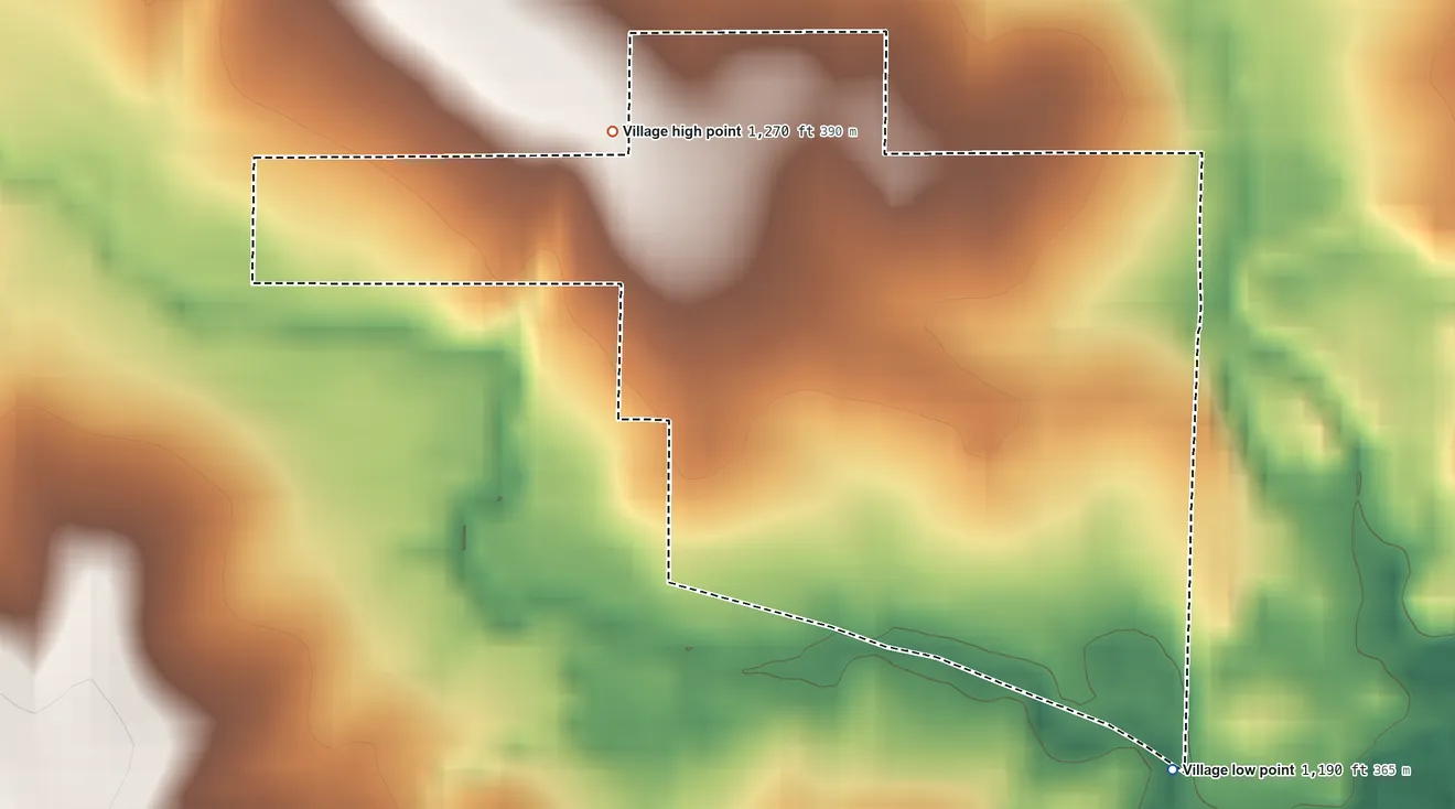 Topographic elevation map of Douglas, Nebraska, shaded from 1,190 ft on the southeast side to 1,270 ft on the northwest side