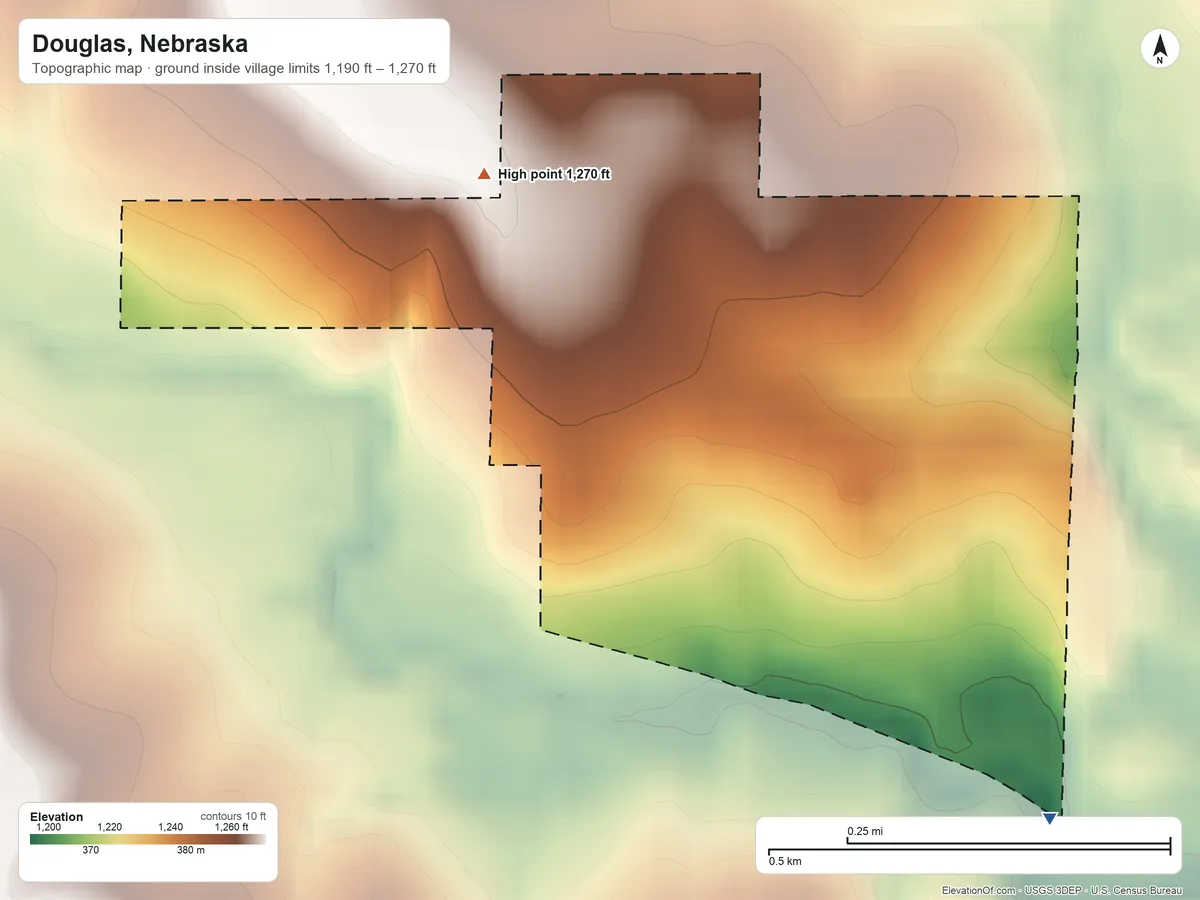 Topographic elevation map of Douglas, Nebraska, shaded from 1,190 ft on the southeast side to 1,270 ft on the northwest side