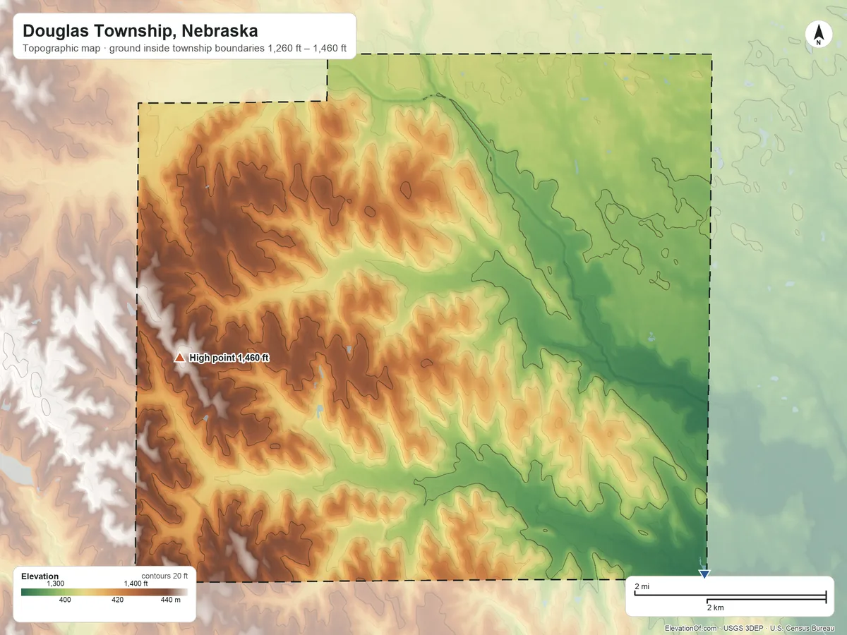 Topographic elevation map of Douglas Township, Nebraska, shaded from 1,260 ft on the southeast side to 1,460 ft on the west side