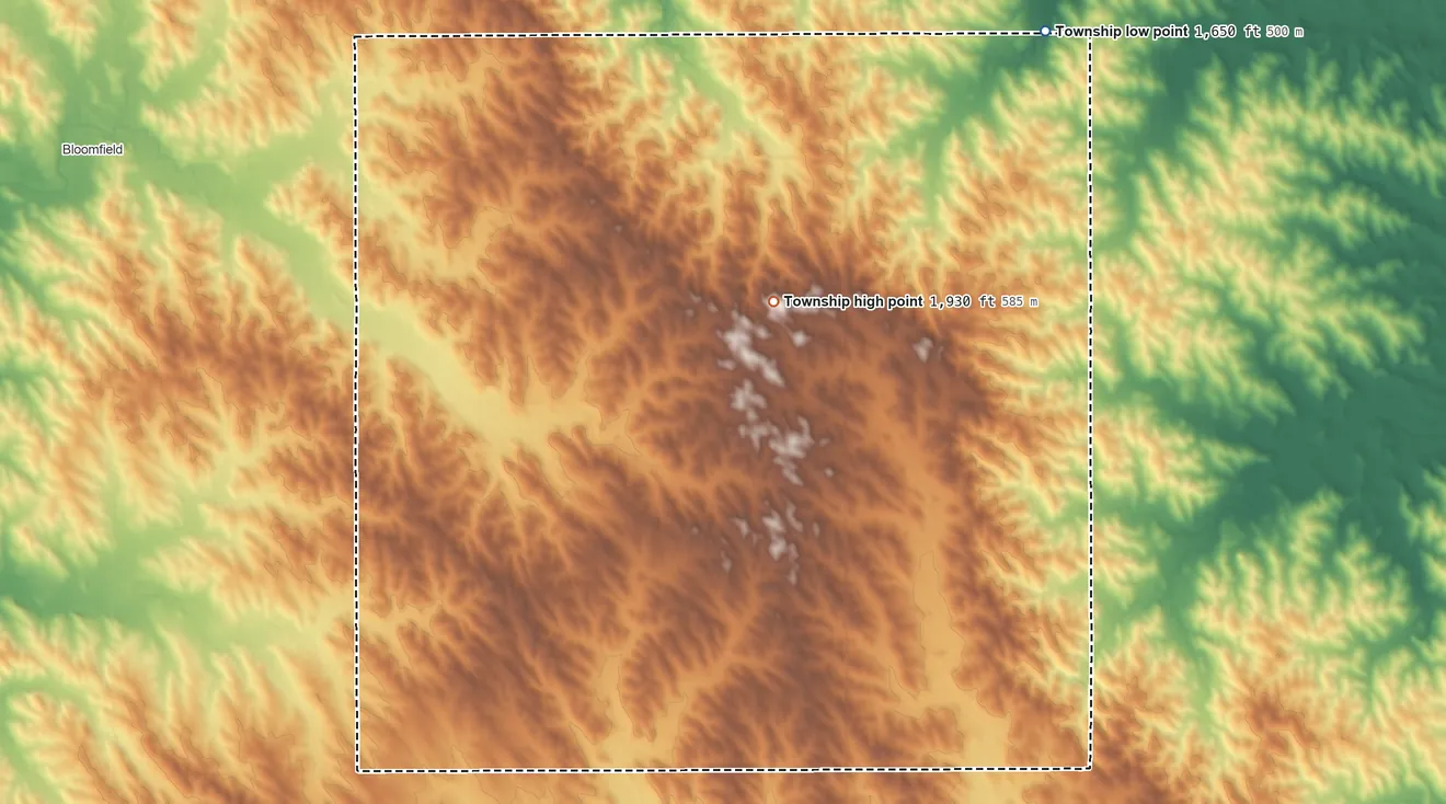 Topographic elevation map of Dowling Township, Nebraska, shaded from 1,650 ft on the northeast side to 1,930 ft on the north side