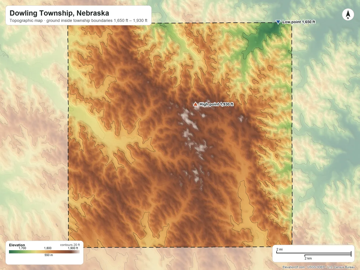 Topographic elevation map of Dowling Township, Nebraska, shaded from 1,650 ft on the northeast side to 1,930 ft on the north side