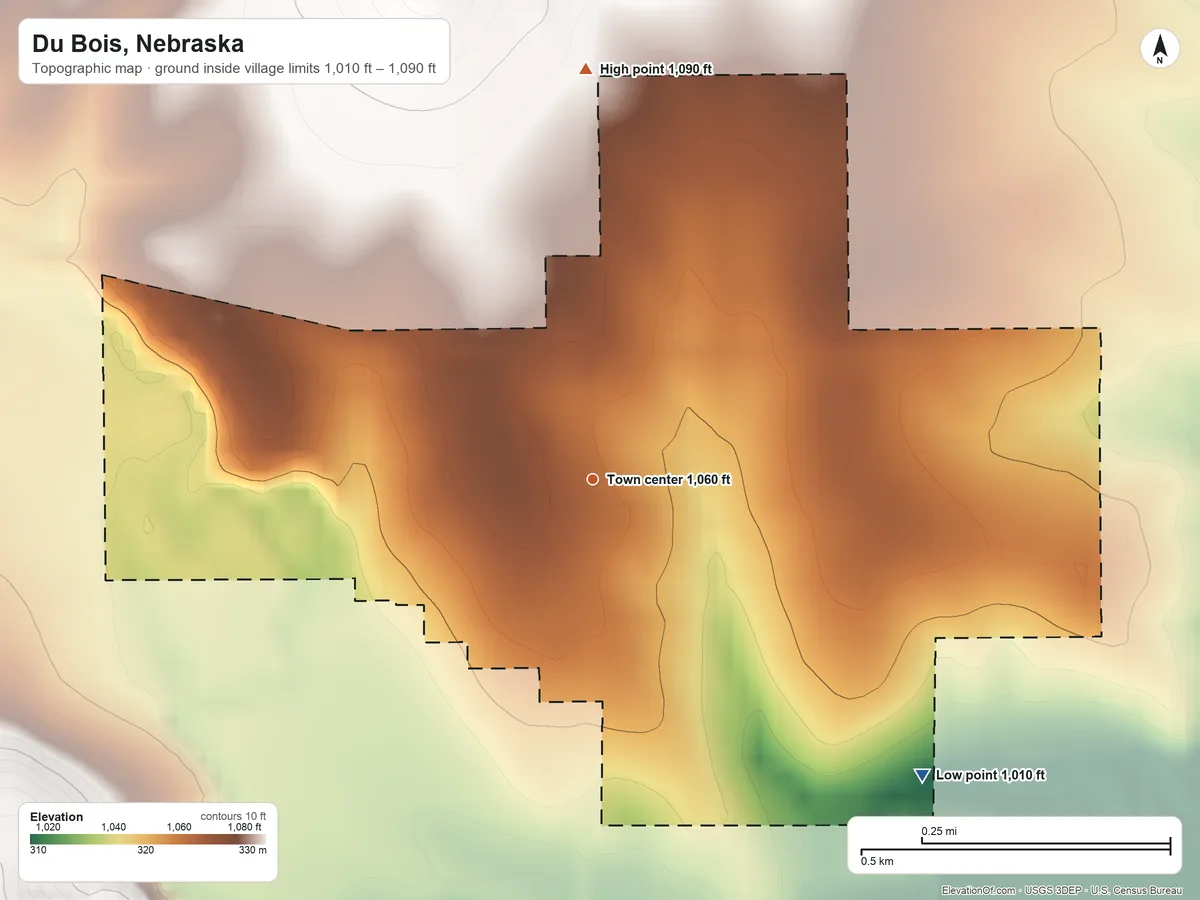 Topographic elevation map of Du Bois, Nebraska, shaded from 1,010 ft on the southeast side to 1,090 ft on the north side