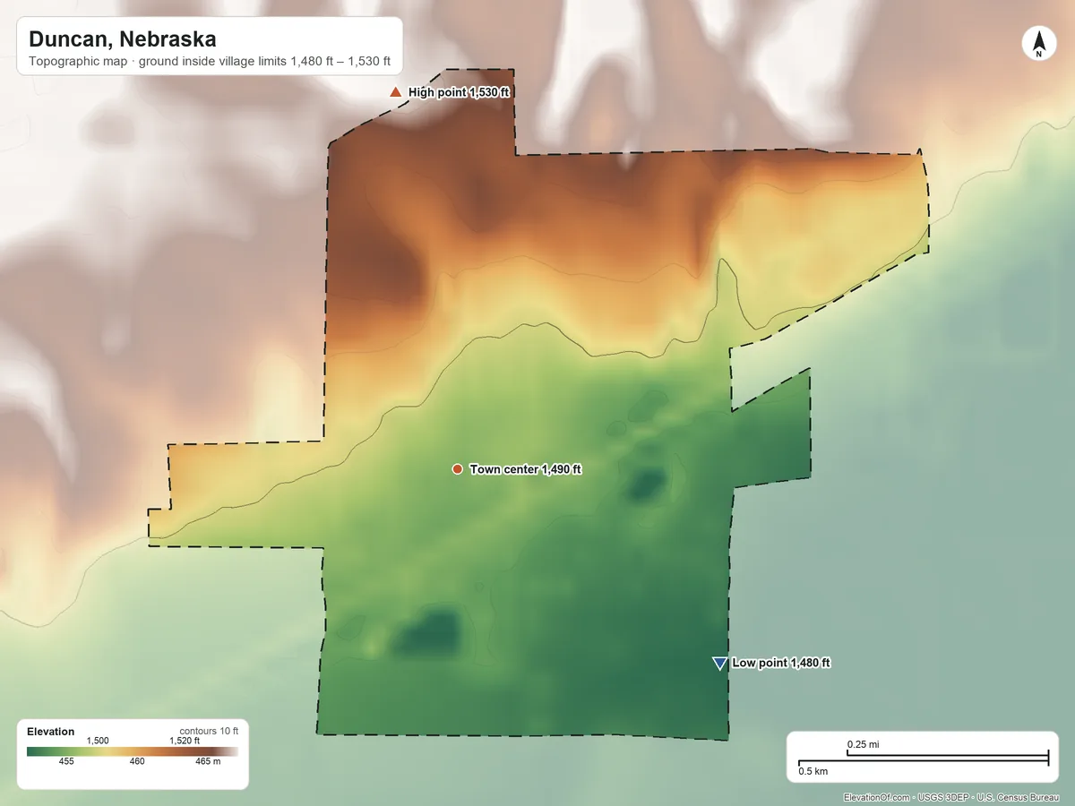 Topographic elevation map of Duncan, Nebraska, shaded from 1,480 ft on the southeast side to 1,530 ft on the north side