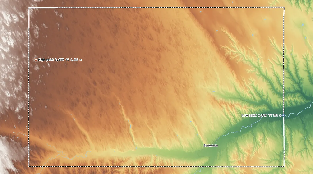 Topographic elevation map of Dundy County, Nebraska, shaded from 2,840 ft on the east side to 3,680 ft on the west side