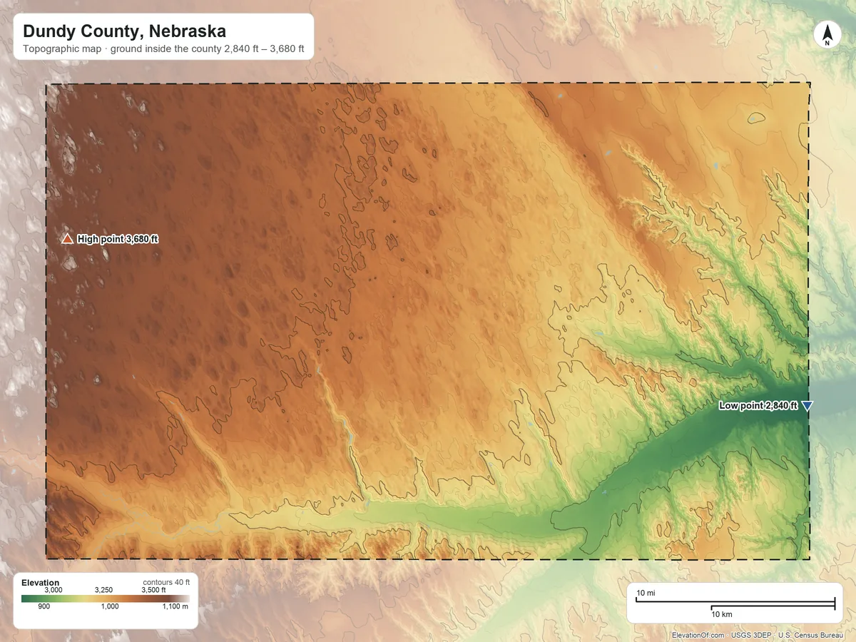 Topographic elevation map of Dundy County, Nebraska, shaded from 2,840 ft on the east side to 3,680 ft on the west side