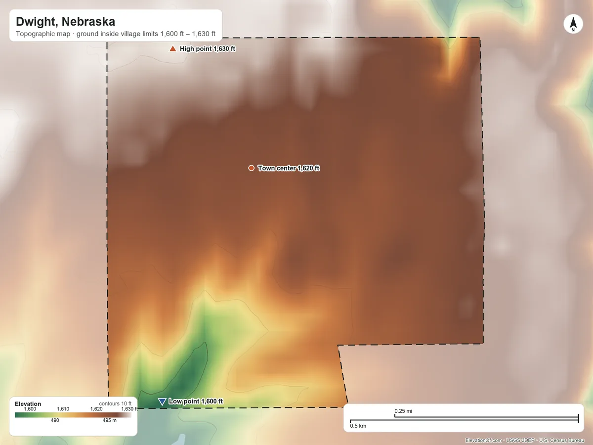 Topographic elevation map of Dwight, Nebraska, shaded from 1,600 ft on the south side to 1,630 ft on the northwest side