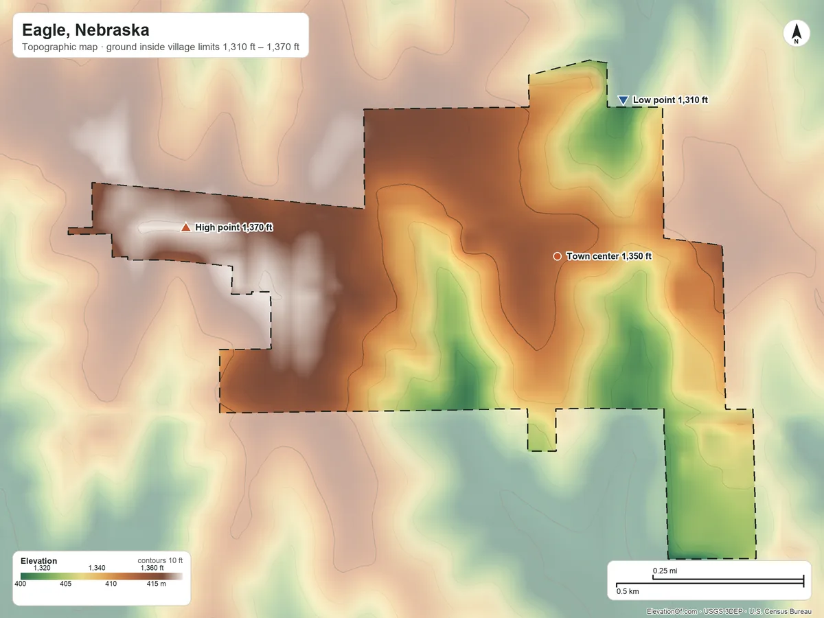 Topographic elevation map of Eagle, Nebraska, shaded from 1,310 ft on the northeast side to 1,370 ft on the west side