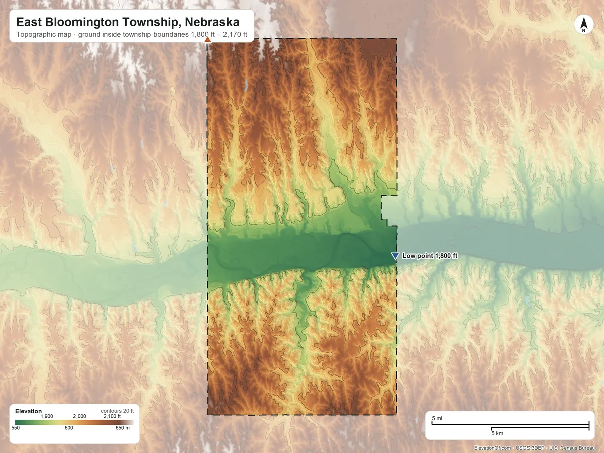 Topographic elevation map of East Bloomington Township, Nebraska, shaded from 1,800 ft on the east side to 2,170 ft on the northwest side