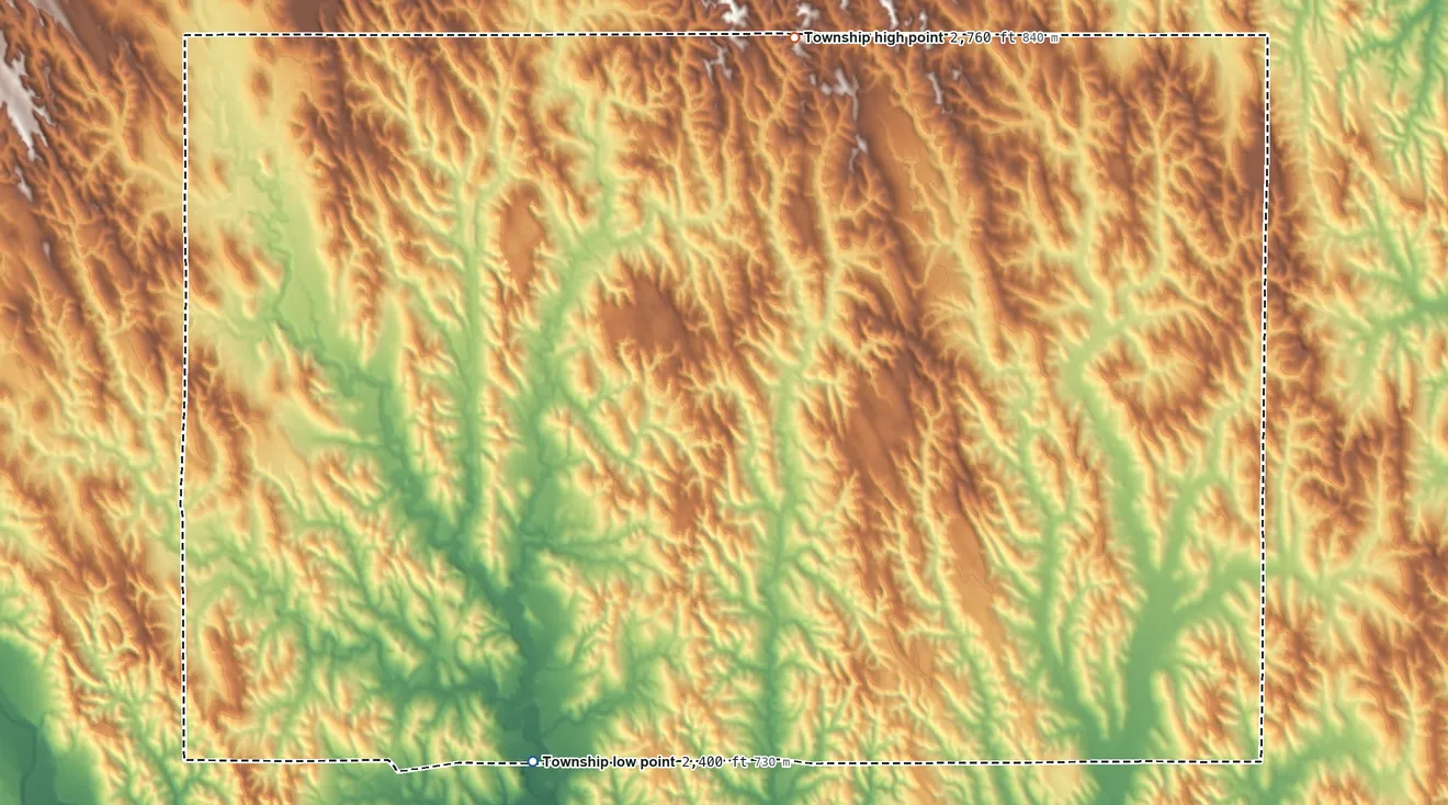 Topographic elevation map of East Custer Township, Nebraska, shaded from 2,400 ft on the southwest side to 2,760 ft on the north side