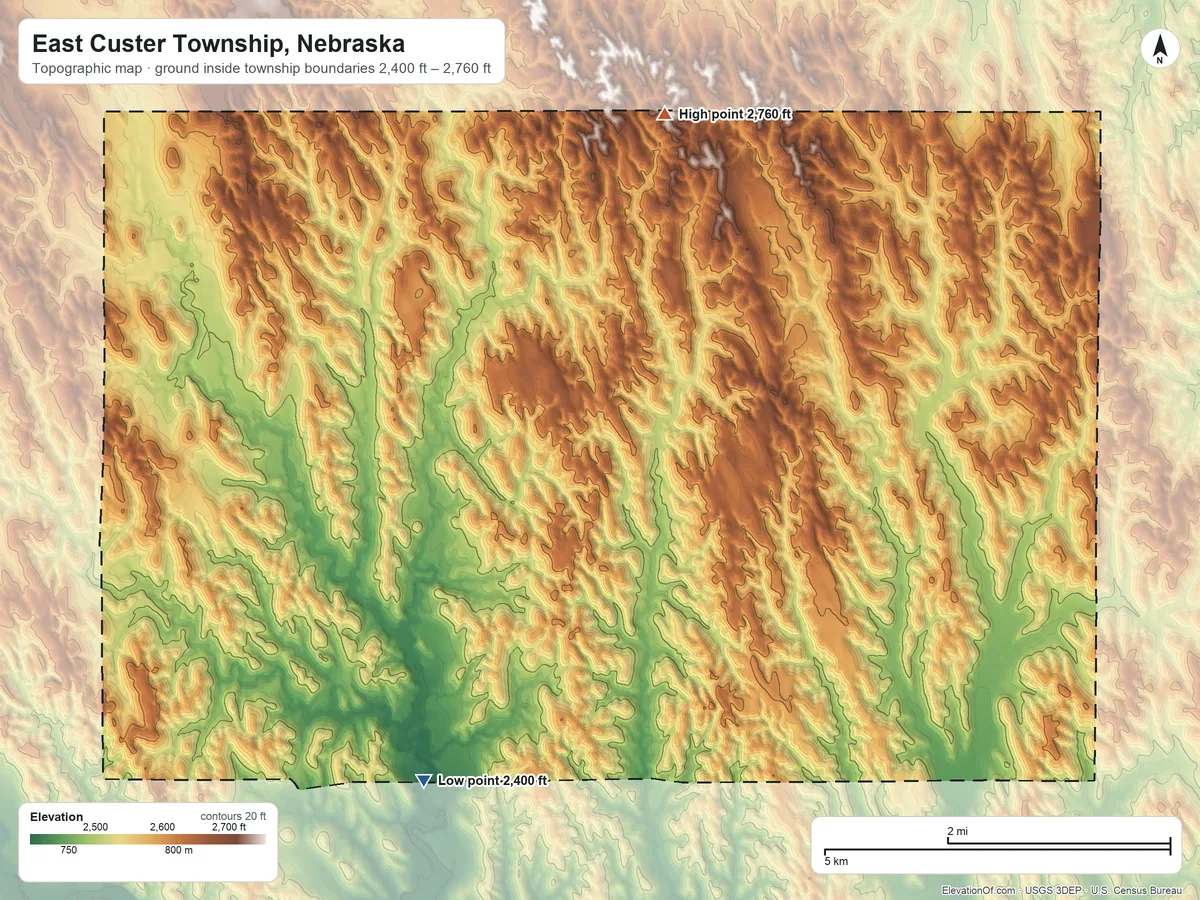 Topographic elevation map of East Custer Township, Nebraska, shaded from 2,400 ft on the southwest side to 2,760 ft on the north side