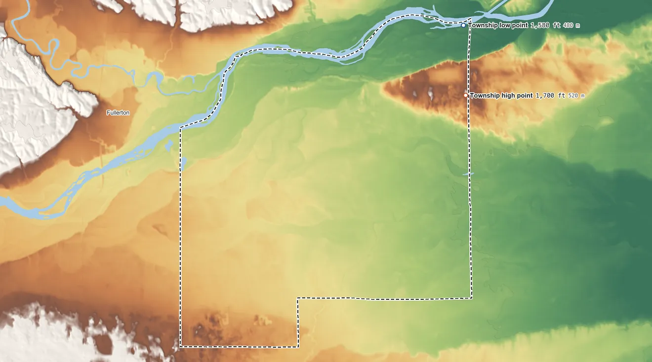 Topographic elevation map of East Newman Township, Nebraska, shaded from 1,580 ft on the northeast side to 1,700 ft on the northeast side
