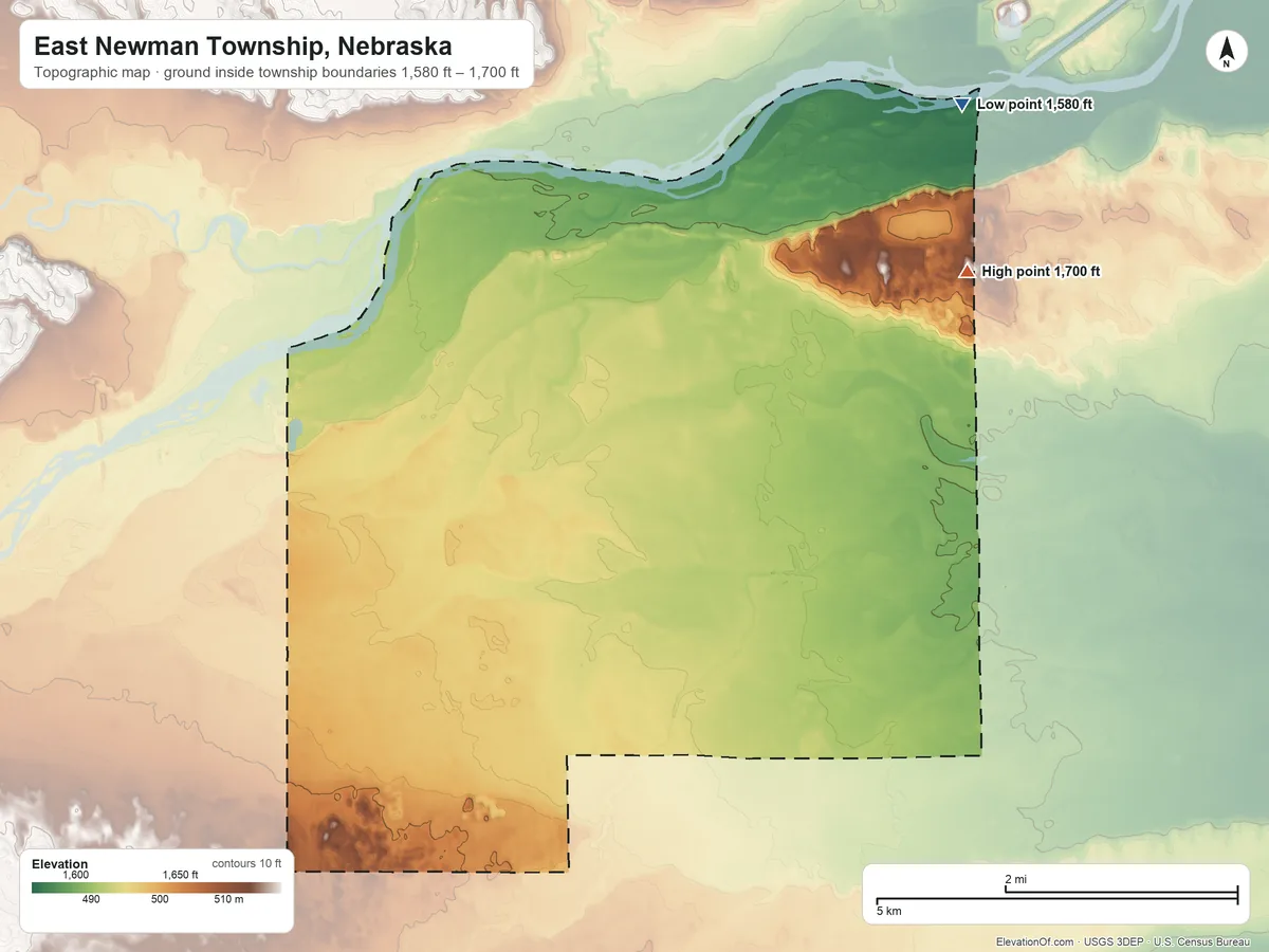 Topographic elevation map of East Newman Township, Nebraska, shaded from 1,580 ft on the northeast side to 1,700 ft on the northeast side