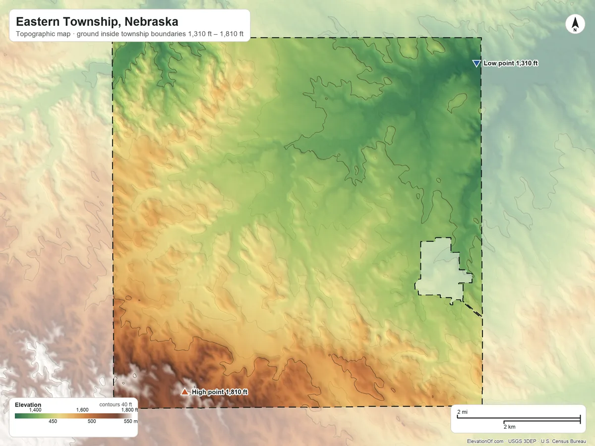 Topographic elevation map of Eastern Township, Nebraska, shaded from 1,310 ft on the northeast side to 1,810 ft on the southwest side