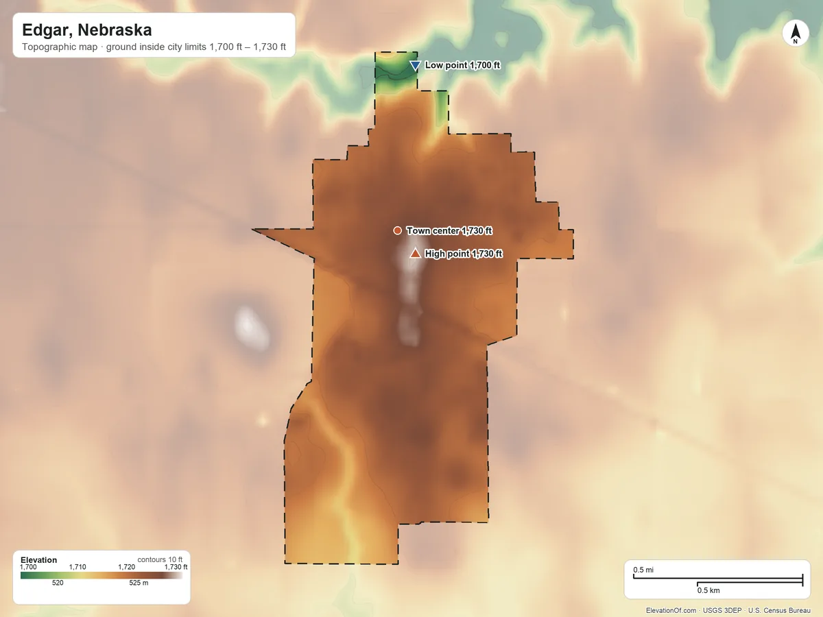 Topographic elevation map of Edgar, Nebraska, shaded from 1,700 ft on the north side to 1,730 ft near the middle
