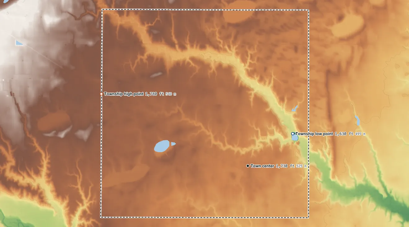 Topographic elevation map of Edgar Township, Nebraska, shaded from 1,630 ft on the northeast side to 1,780 ft on the northwest side