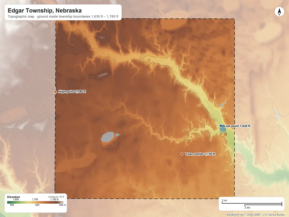 Topographic elevation map of Edgar Township, Nebraska, shaded from 1,630 ft on the northeast side to 1,780 ft on the northwest side