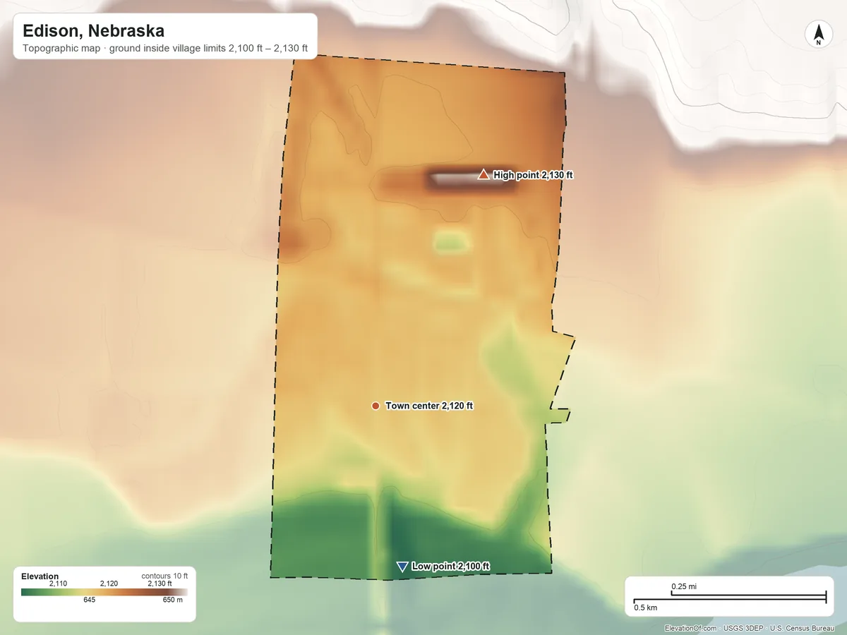Topographic elevation map of Edison, Nebraska, shaded from 2,100 ft on the south side to 2,130 ft on the northeast side