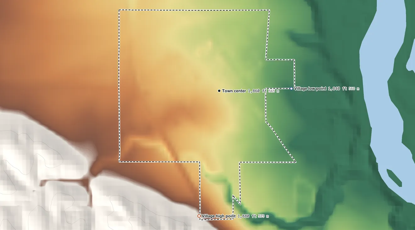 Topographic elevation map of Elba, Nebraska, shaded from 1,840 ft on the east side to 1,880 ft on the south side