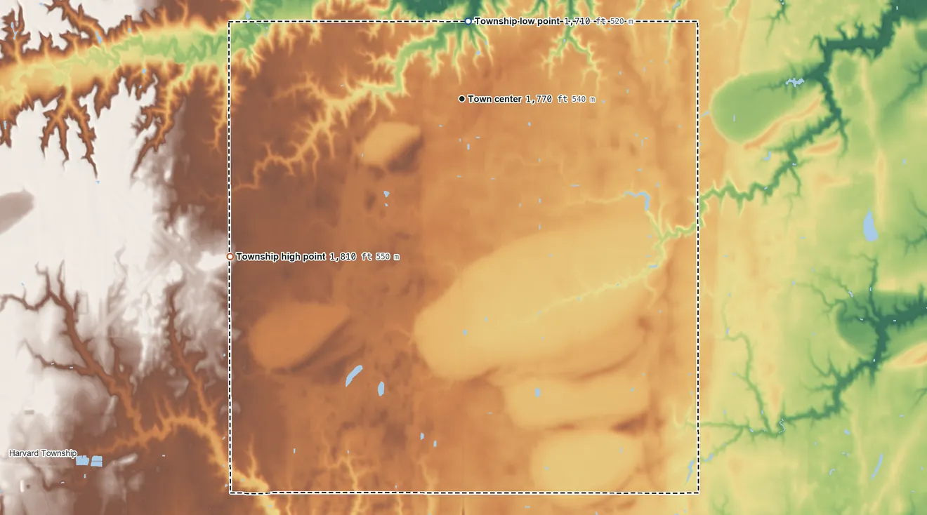 Topographic elevation map of Eldorado Township, Nebraska, shaded from 1,710 ft on the north side to 1,810 ft on the southwest side