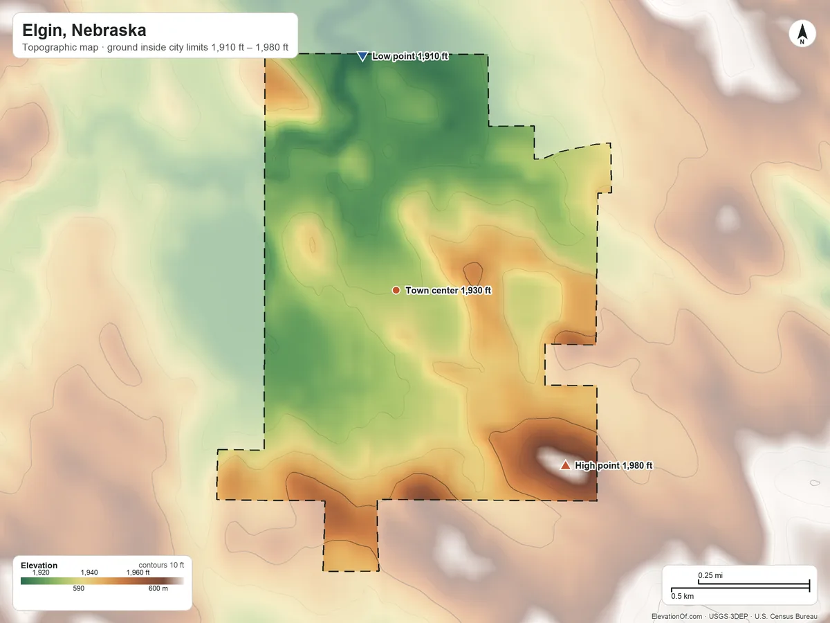 Topographic elevation map of Elgin, Nebraska, shaded from 1,910 ft on the north side to 1,980 ft on the southeast side