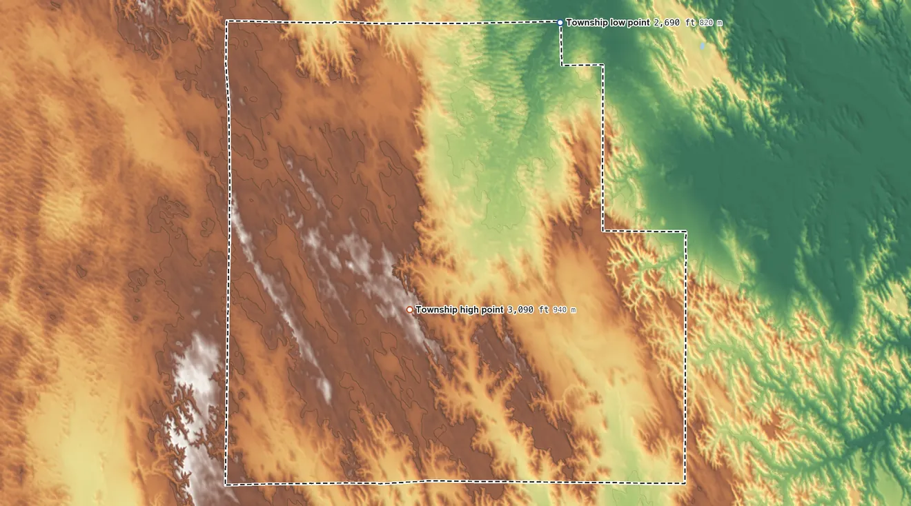 Topographic elevation map of Elim Township, Nebraska, shaded from 2,690 ft on the north side to 3,090 ft near the middle