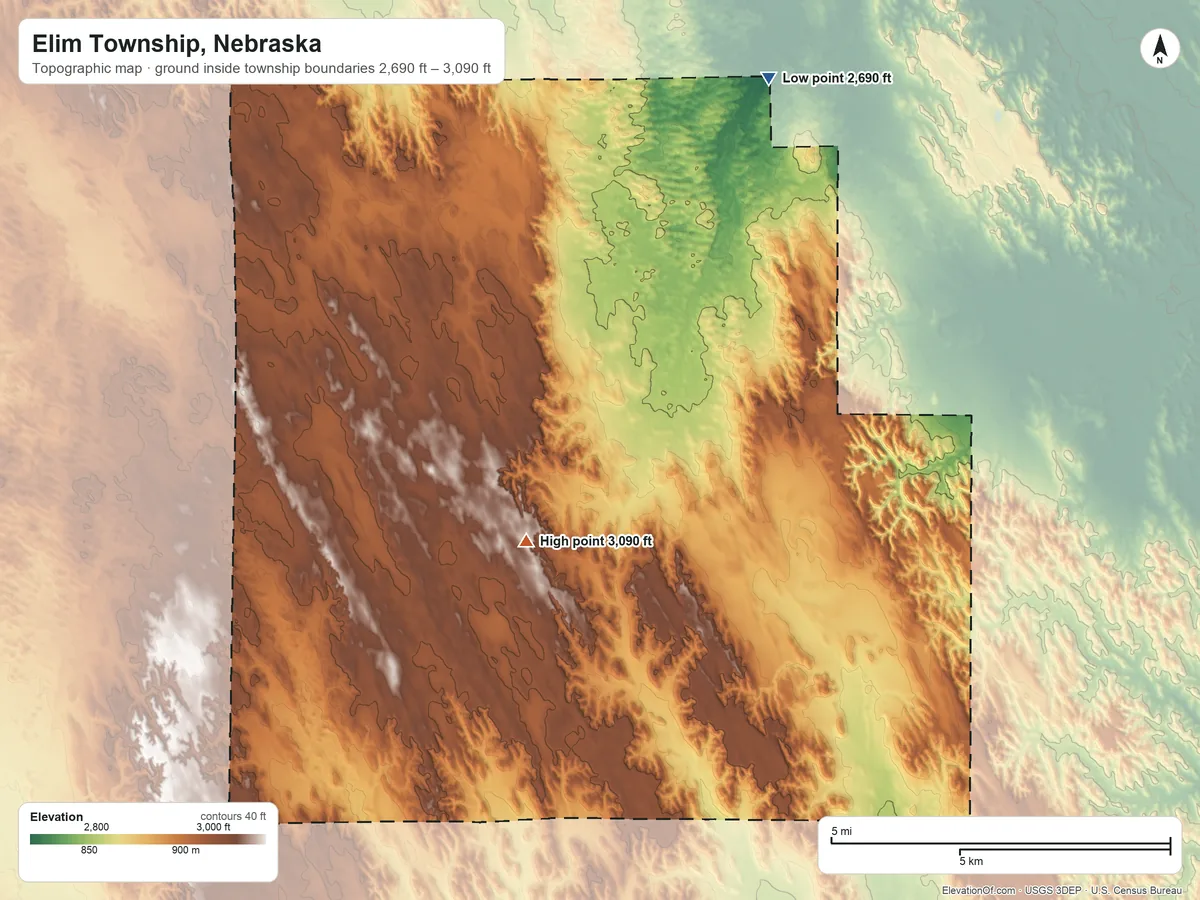 Topographic elevation map of Elim Township, Nebraska, shaded from 2,690 ft on the north side to 3,090 ft near the middle