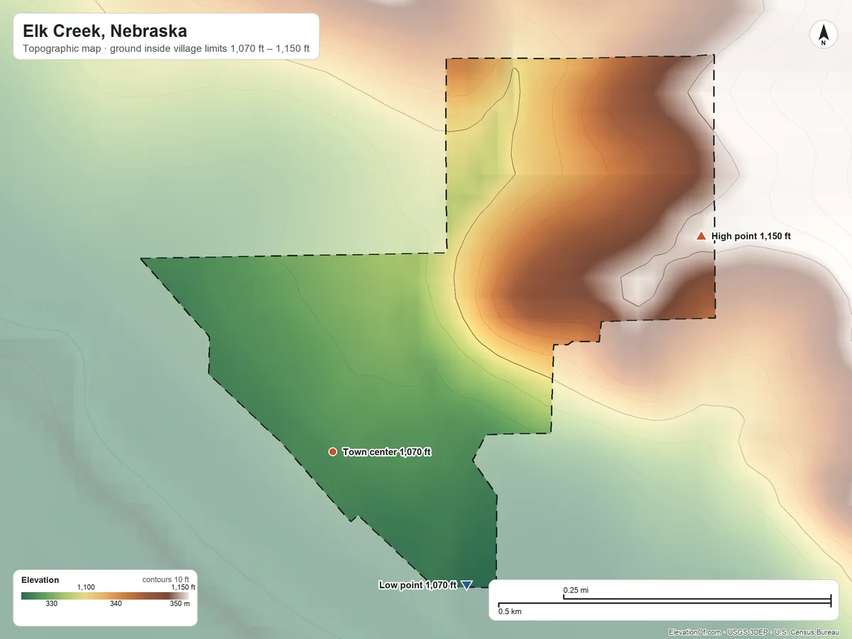Topographic elevation map of Elk Creek, Nebraska, shaded from 1,070 ft on the southeast side to 1,150 ft on the northeast side