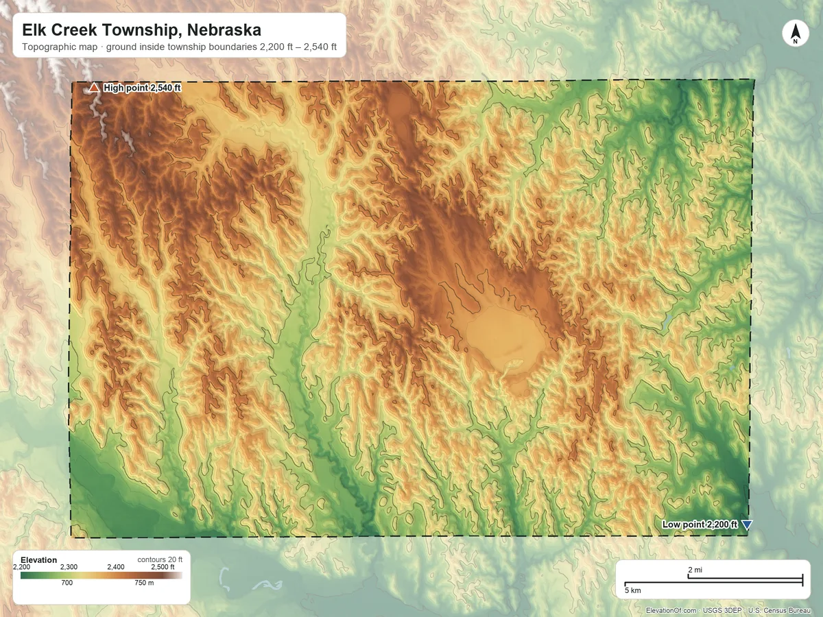 Topographic elevation map of Elk Creek Township, Nebraska, shaded from 2,200 ft on the east side to 2,540 ft on the northwest side