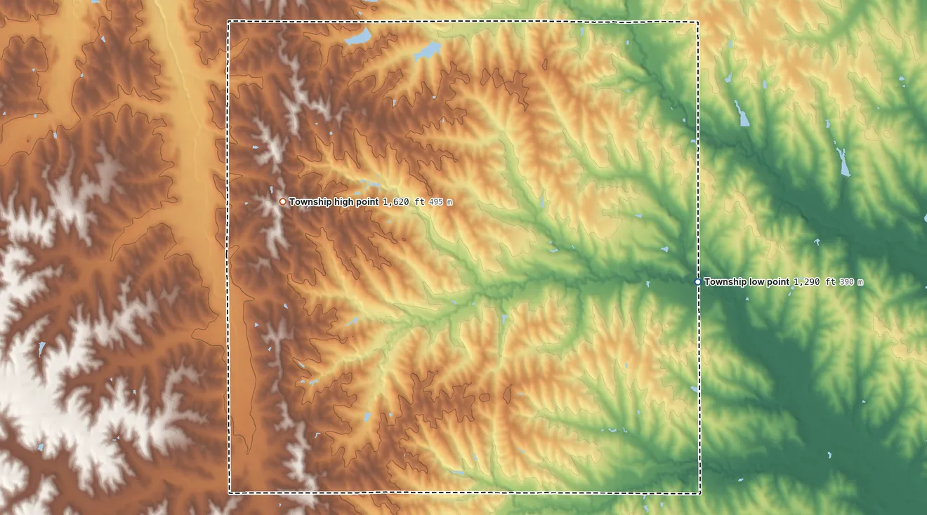 Topographic elevation map of Elk Township, Nebraska, shaded from 1,290 ft on the southeast side to 1,620 ft on the west side