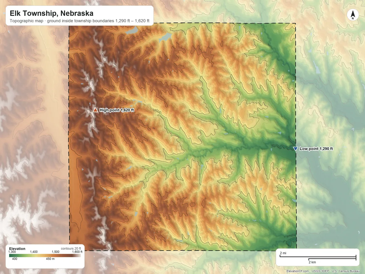Topographic elevation map of Elk Township, Nebraska, shaded from 1,290 ft on the southeast side to 1,620 ft on the west side