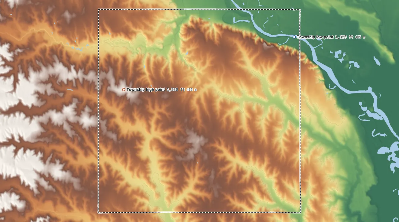 Topographic elevation map of Elkhorn Township, Cuming County, Nebraska, shaded from 1,320 ft on the northeast side to 1,530 ft on the west side