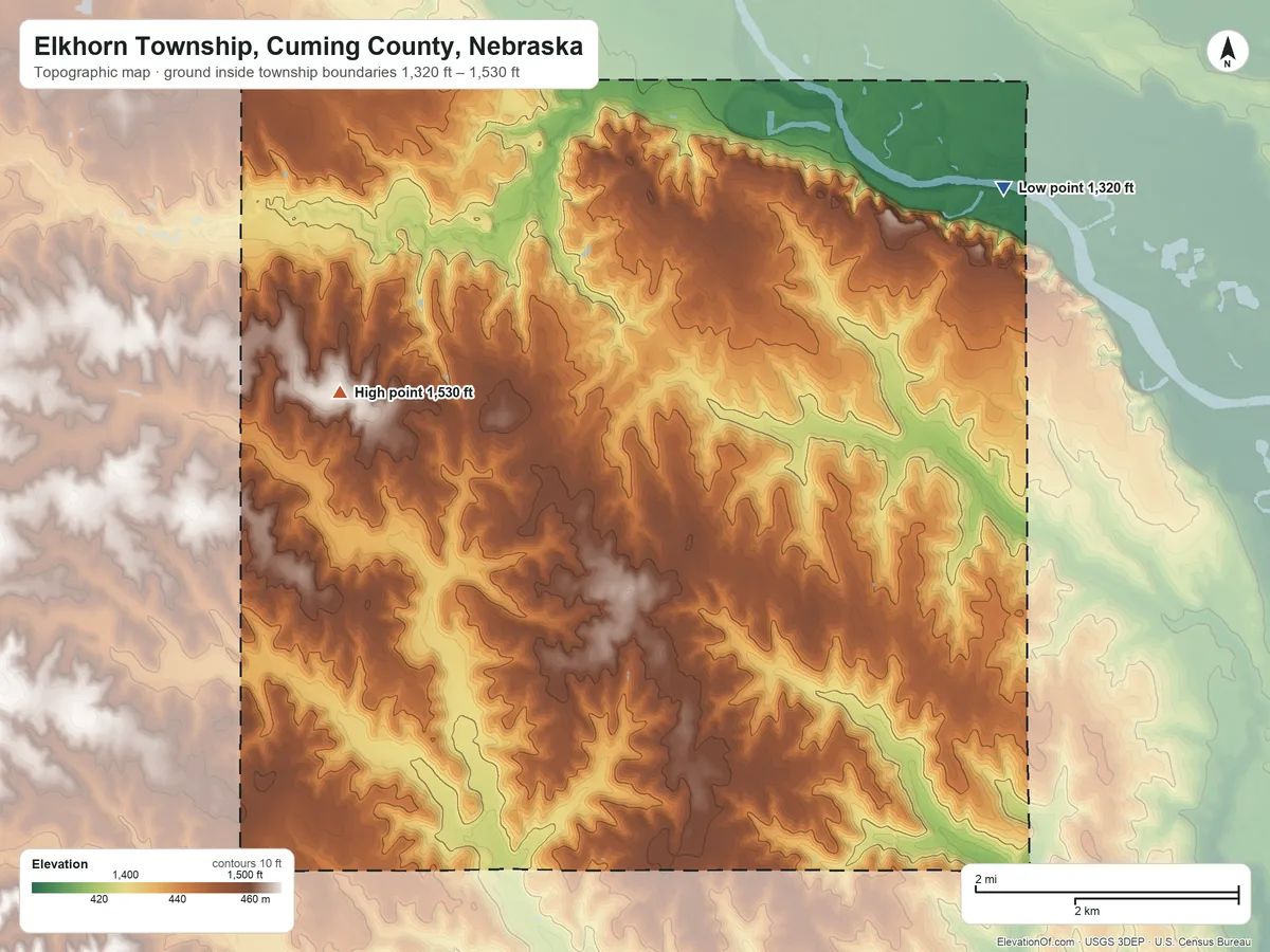 Topographic elevation map of Elkhorn Township, Cuming County, Nebraska, shaded from 1,320 ft on the northeast side to 1,530 ft on the west side