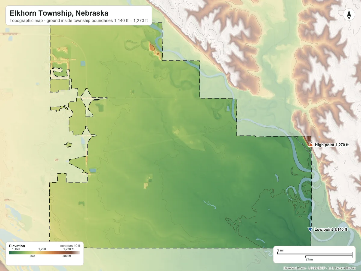 Topographic elevation map of Elkhorn Township, Nebraska, shaded from 1,140 ft on the southeast side to 1,270 ft on the east side