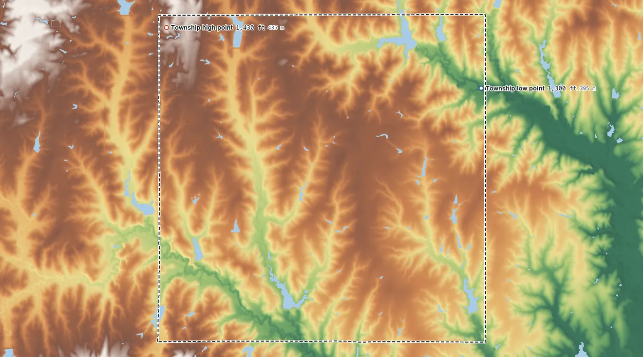 Topographic elevation map of Elm Township, Nebraska, shaded from 1,300 ft on the northeast side to 1,430 ft on the northwest side