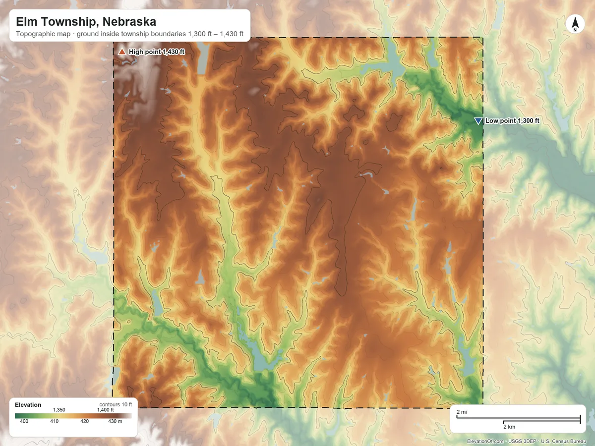 Topographic elevation map of Elm Township, Nebraska, shaded from 1,300 ft on the northeast side to 1,430 ft on the northwest side