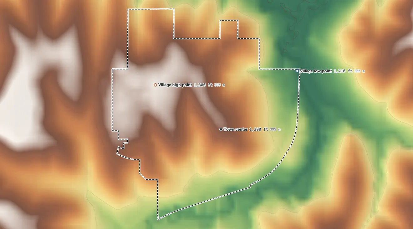 Topographic elevation map of Elmwood, Nebraska, shaded from 1,210 ft on the northeast side to 1,300 ft on the northwest side