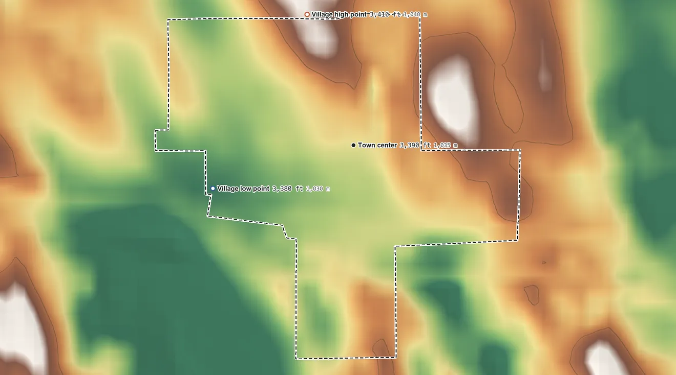 Topographic elevation map of Elsie, Nebraska, shaded from 3,380 ft on the west side to 3,410 ft on the north side
