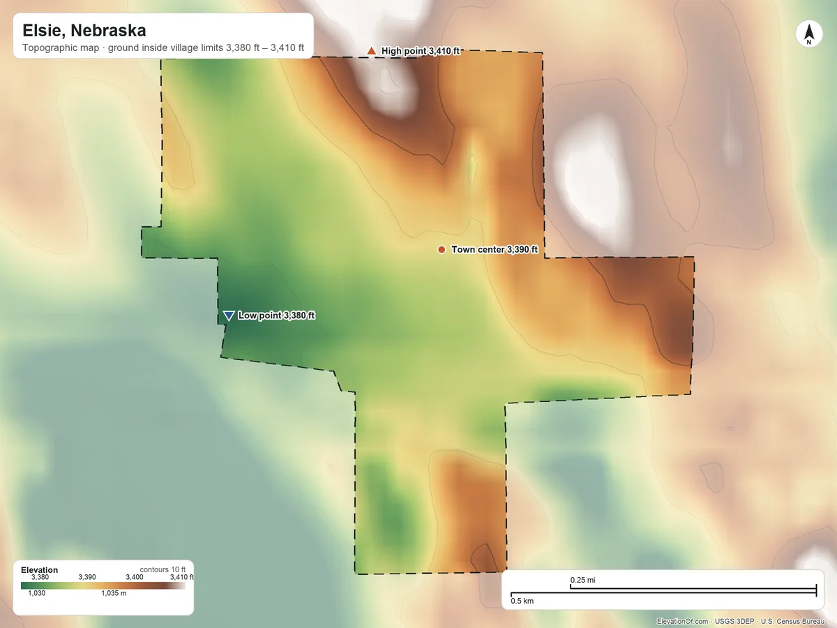 Topographic elevation map of Elsie, Nebraska, shaded from 3,380 ft on the west side to 3,410 ft on the north side