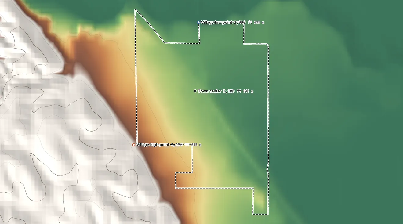Topographic elevation map of Elyria, Nebraska, shaded from 2,090 ft on the north side to 2,150 ft on the southwest side