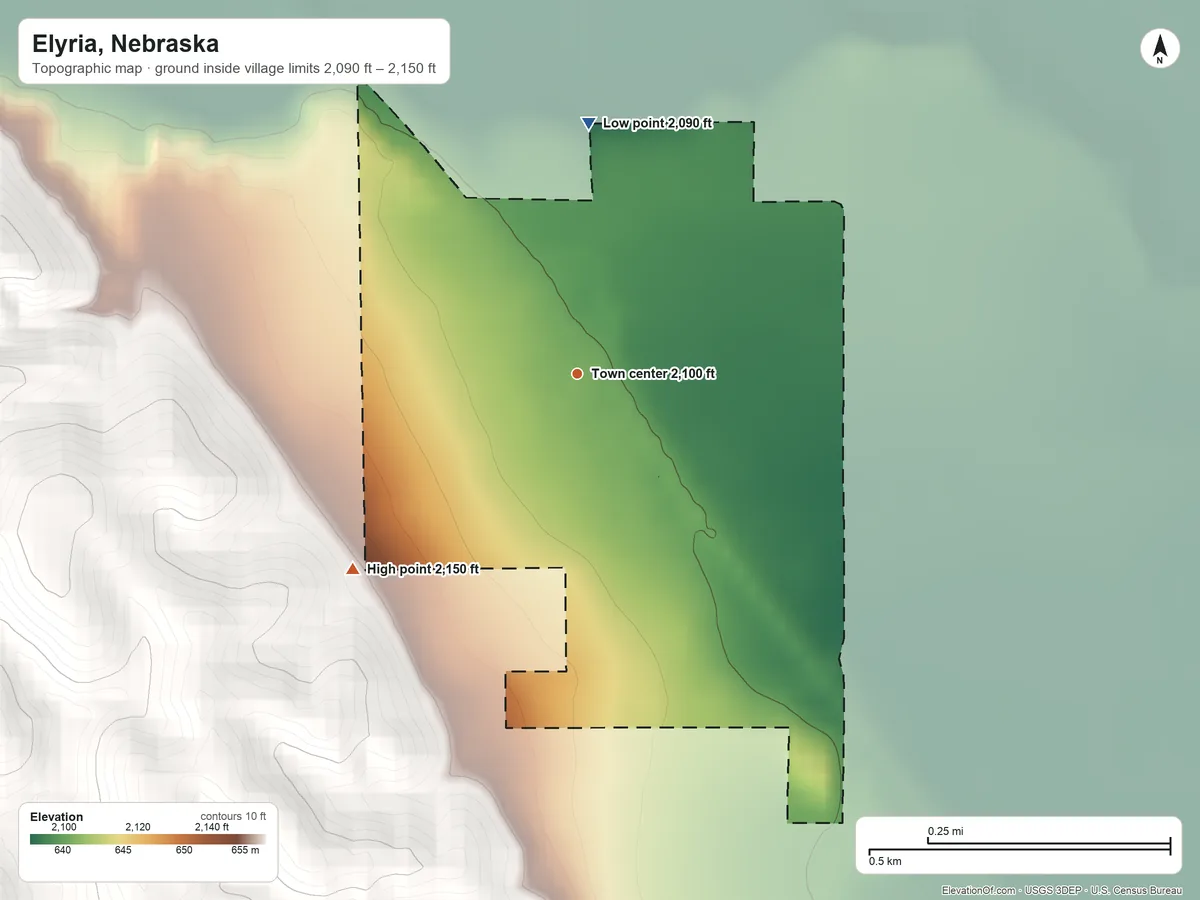 Topographic elevation map of Elyria, Nebraska, shaded from 2,090 ft on the north side to 2,150 ft on the southwest side