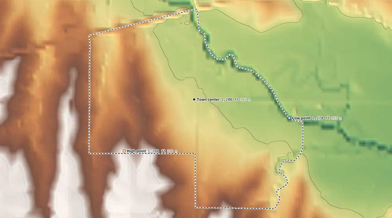 Topographic elevation map of Emerald, Nebraska, shaded from 1,170 ft on the east side to 1,280 ft on the southwest side