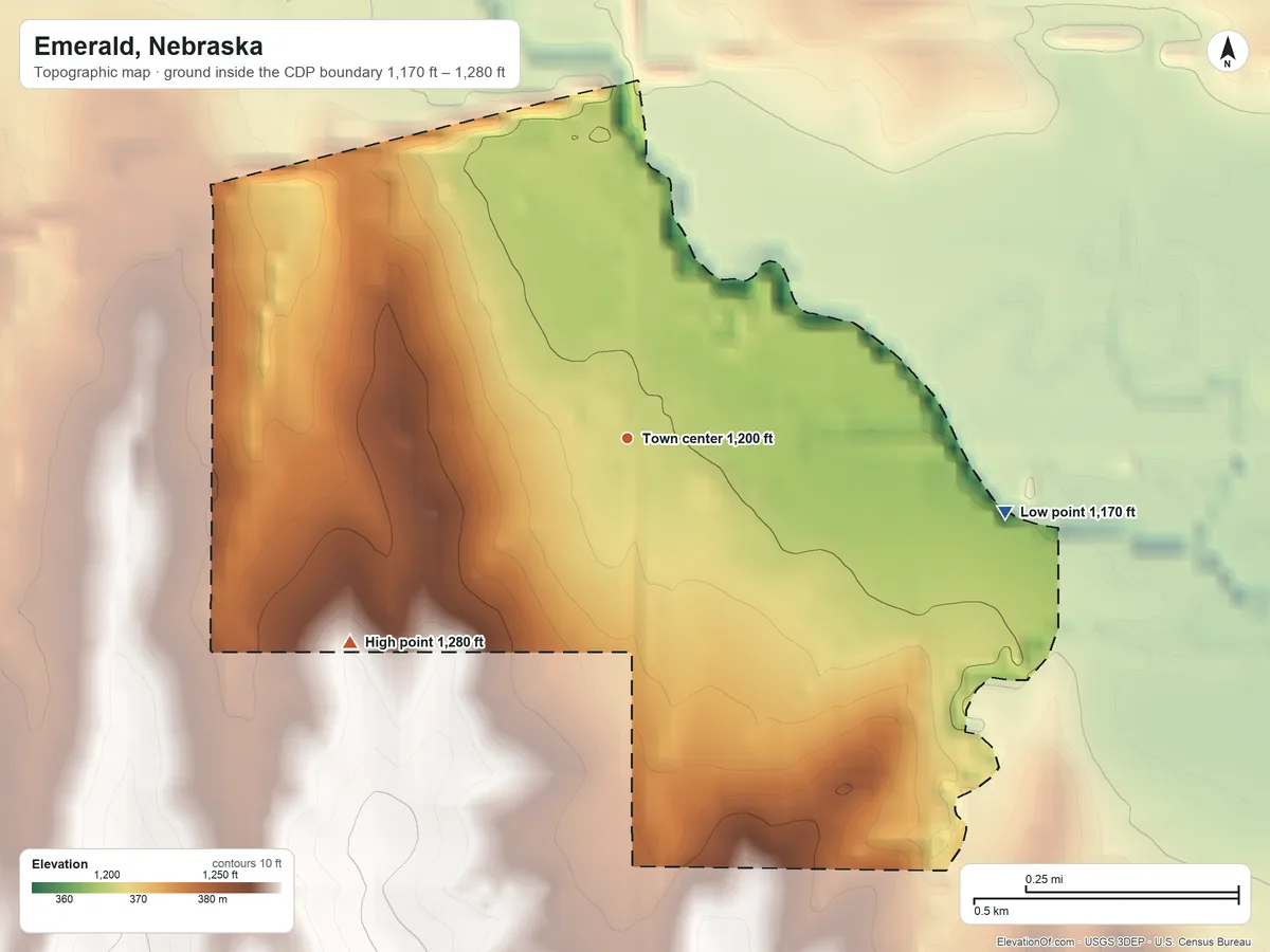 Topographic elevation map of Emerald, Nebraska, shaded from 1,170 ft on the east side to 1,280 ft on the southwest side