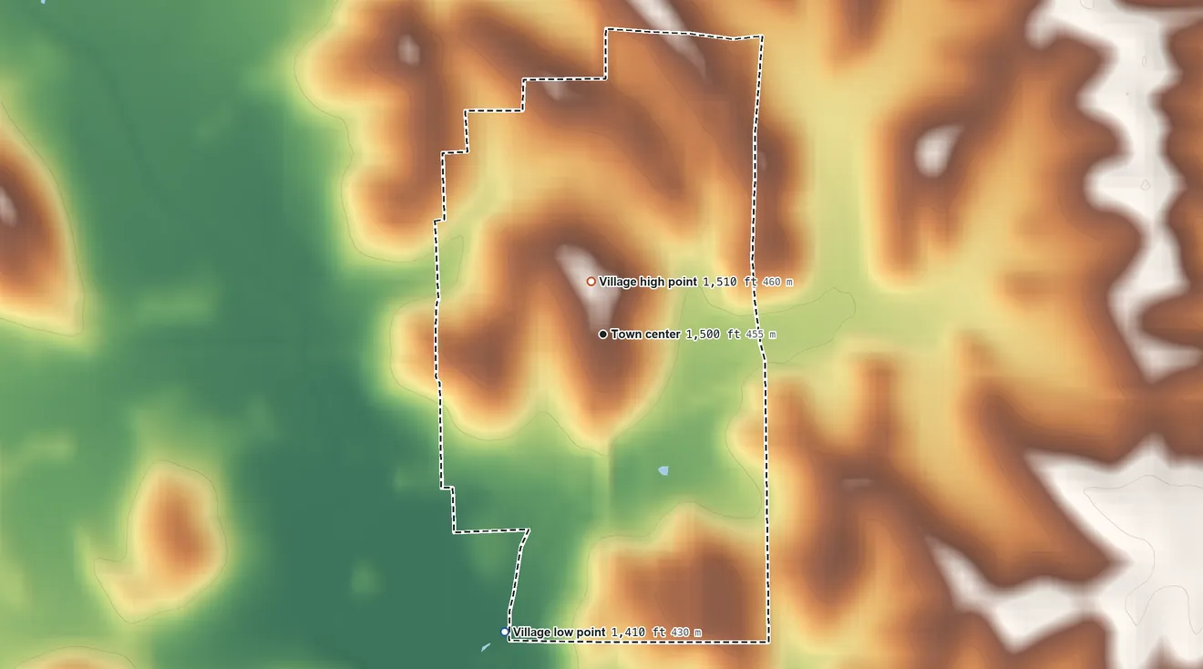 Topographic elevation map of Emerson, Nebraska, shaded from 1,410 ft on the south side to 1,510 ft near the middle
