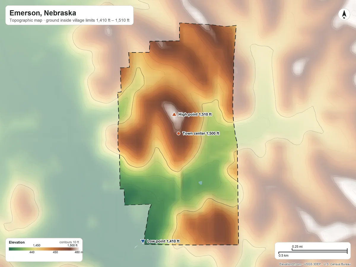 Topographic elevation map of Emerson, Nebraska, shaded from 1,410 ft on the south side to 1,510 ft near the middle