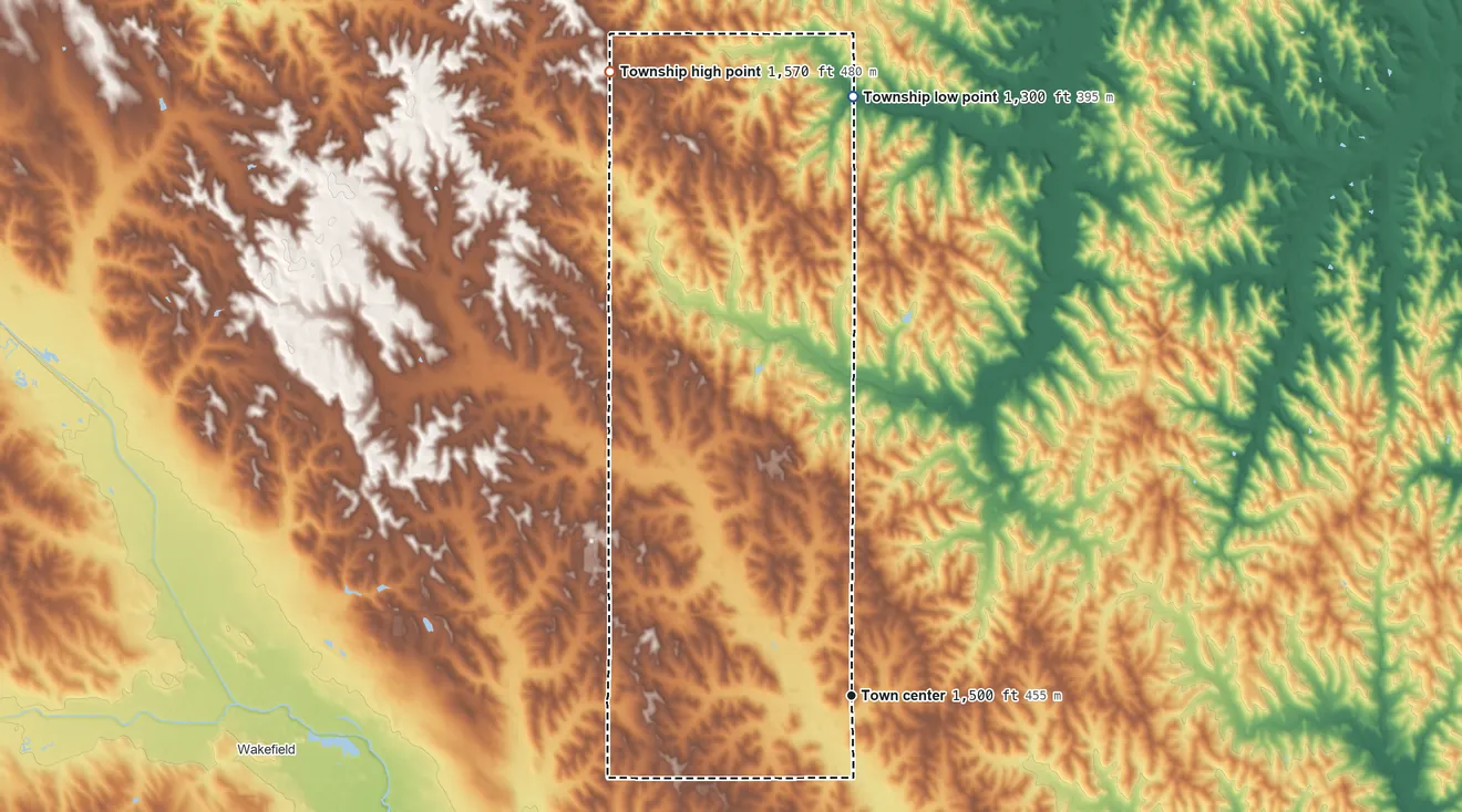 Topographic elevation map of Emerson Township, Nebraska, shaded from 1,300 ft on the north side to 1,570 ft on the north side