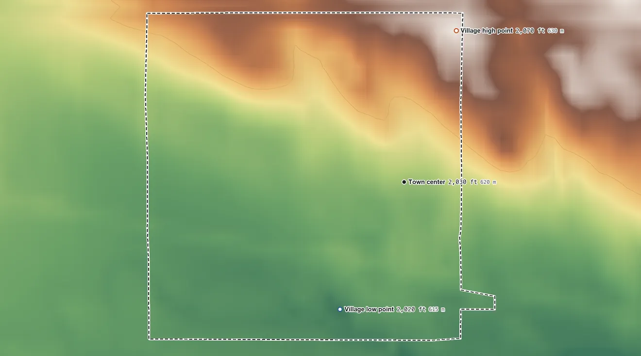 Topographic elevation map of Emmet, Nebraska, shaded from 2,020 ft on the southwest side to 2,070 ft on the north side
