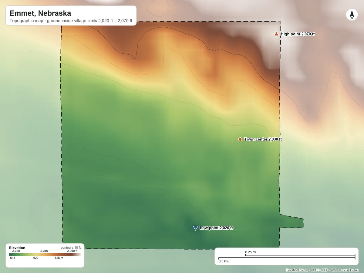 Topographic elevation map of Emmet, Nebraska, shaded from 2,020 ft on the southwest side to 2,070 ft on the north side