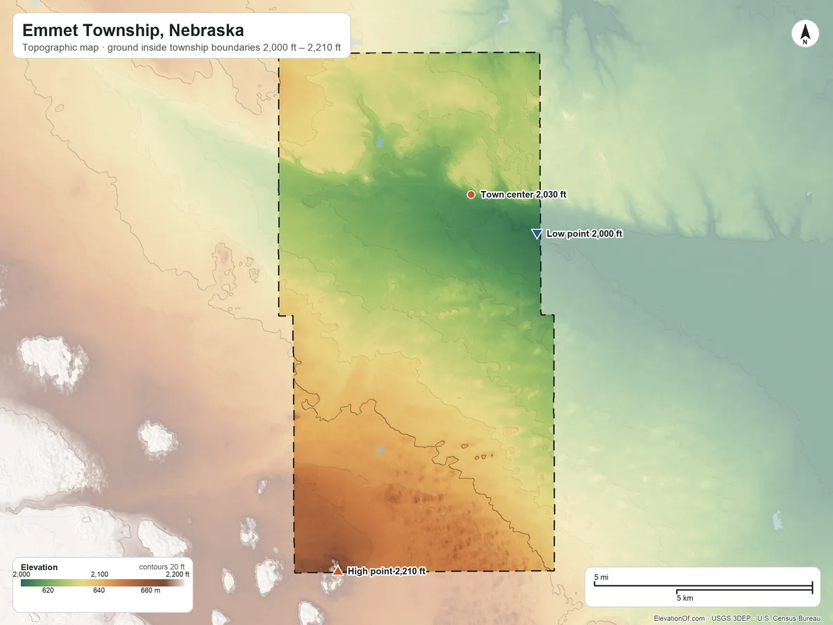 Topographic elevation map of Emmet Township, Nebraska, shaded from 2,000 ft on the southeast side to 2,210 ft on the south side
