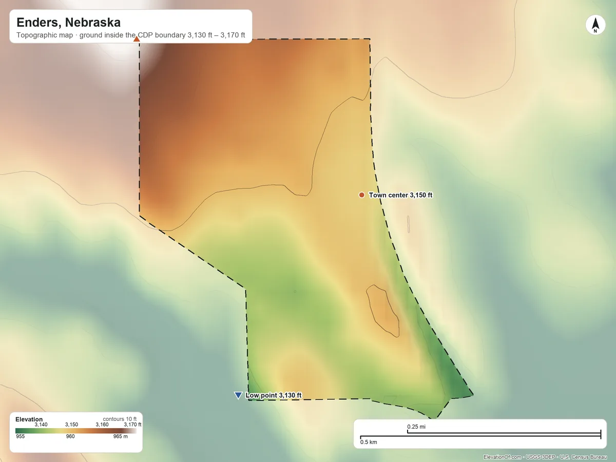 Topographic elevation map of Enders, Nebraska, shaded from 3,130 ft on the southwest side to 3,170 ft on the northwest side