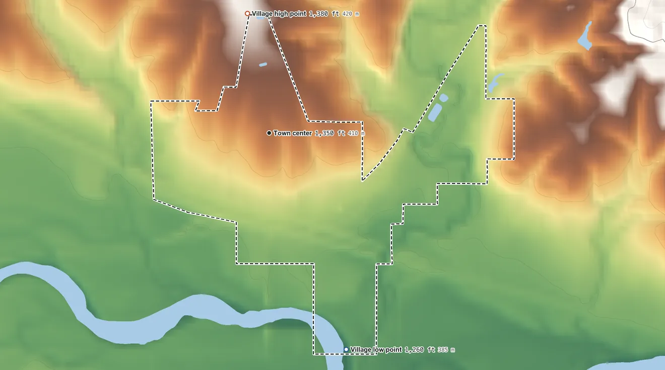 Topographic elevation map of Endicott, Nebraska, shaded from 1,260 ft on the south side to 1,380 ft on the north side
